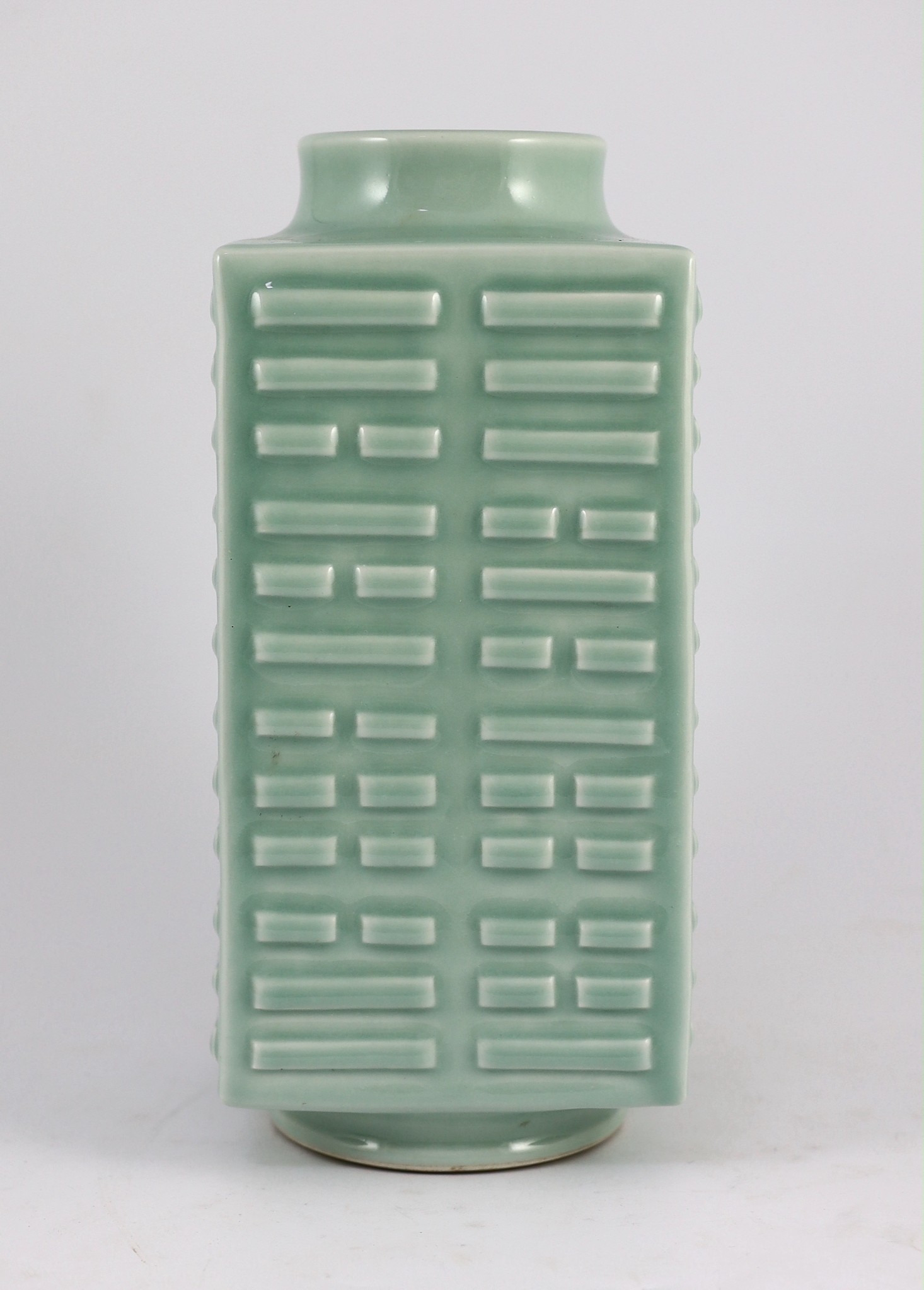 A Chinese celadon glazed ‘eight trigrams’ square vase, cong, Guangxu six character mark probably later, 30cm high